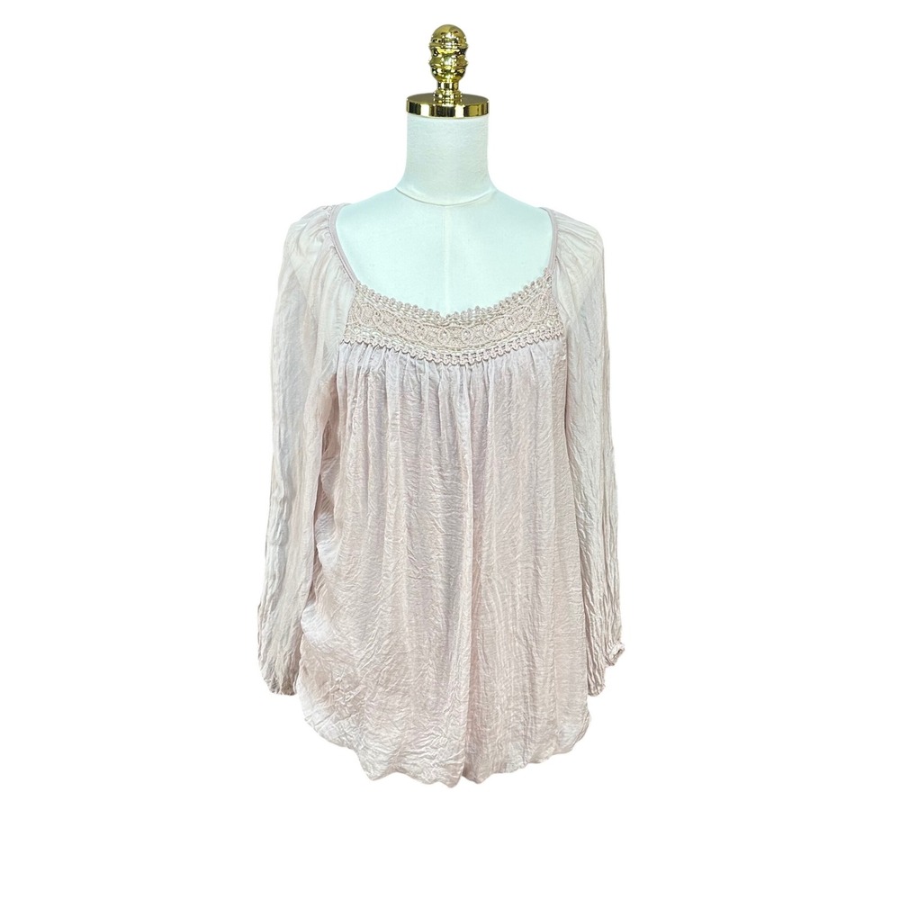 Elena Baldi Italy Pink Crinkle‎ Peasant Blouse Crochet Lace Trim Long Sleeve L